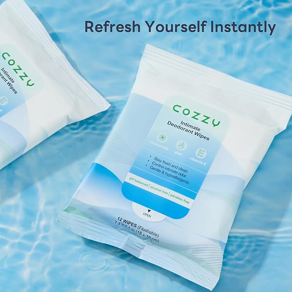 COZZY INTIMATE DEODORANT WIPES – FLUSHABLE, BIODEGRADABLE, & PH BALANCED, REMOVES ODOR – GENTLE, ALL SKIN TYPES, ALCOHOL FREE, PARABEN FREE, ALUMINUM FREE – 12 COUNT (PACK OF 3)