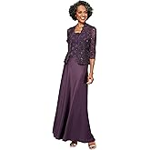 Petite Lace & Satin Gown with 3/4 Sleeve Scalloped Lace Jacket