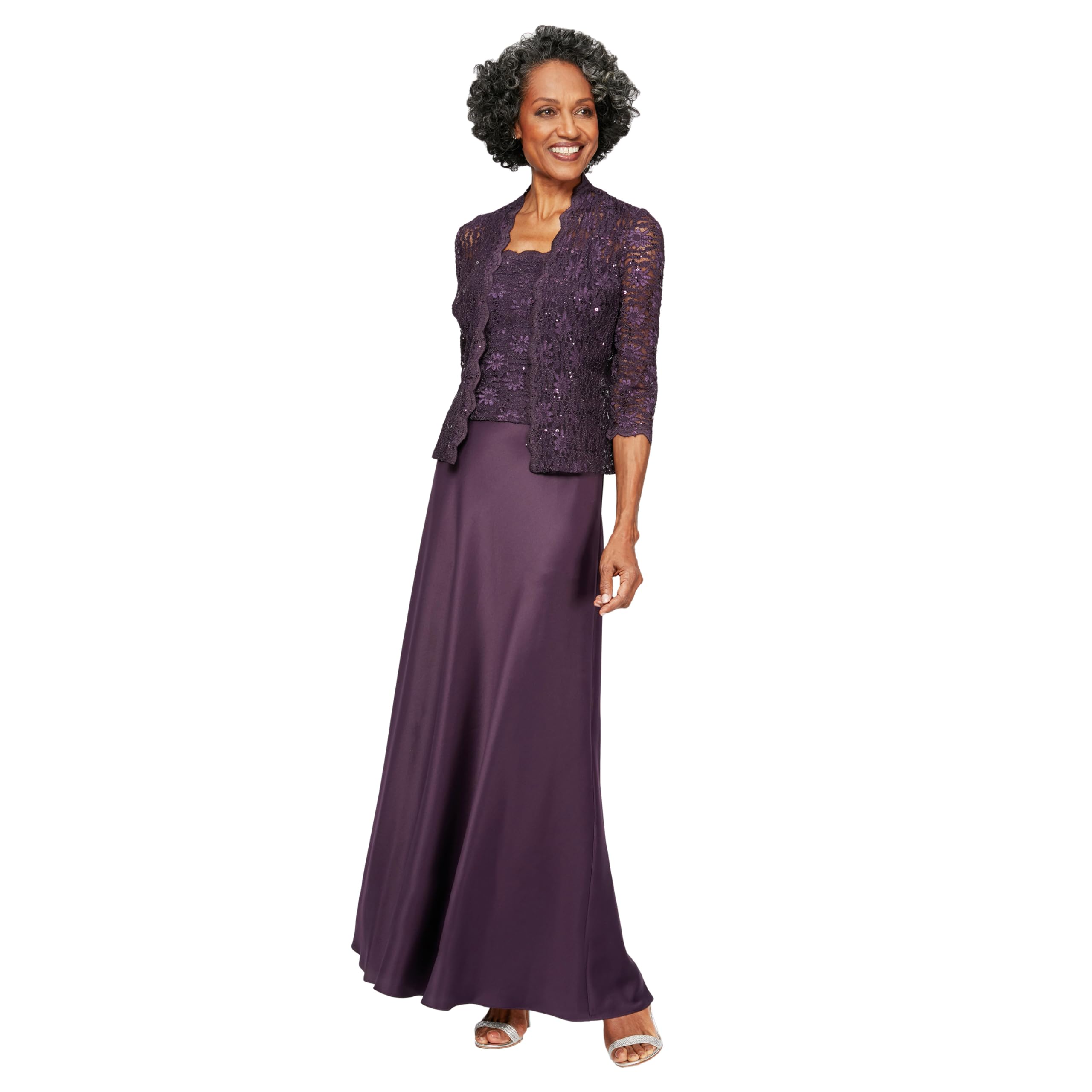 Photo 1 of Alex Evenings Women's Two Piece Mother of the Bride Dress with Lace Jacket (Petite and Regular Sizes), Eggplant, 14 Petite