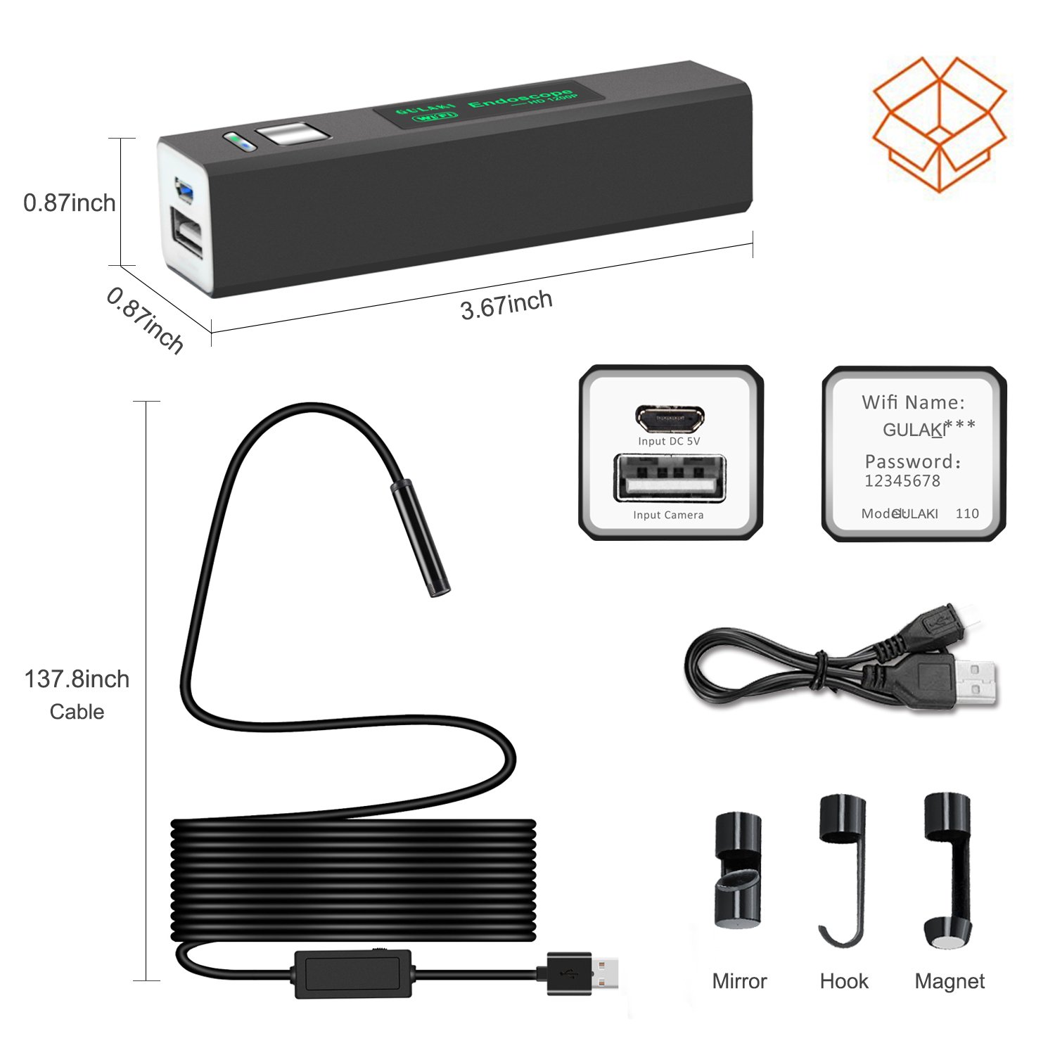 Wifi Endoscope, GULAKI Wireless Borescope Inspection Camera IP 68 Waterproof Snake Camera with 8 Adjustable LED 3.5M Cable 1200P HD Picture for Android & IOS Smartphone, iPhone, Samsung