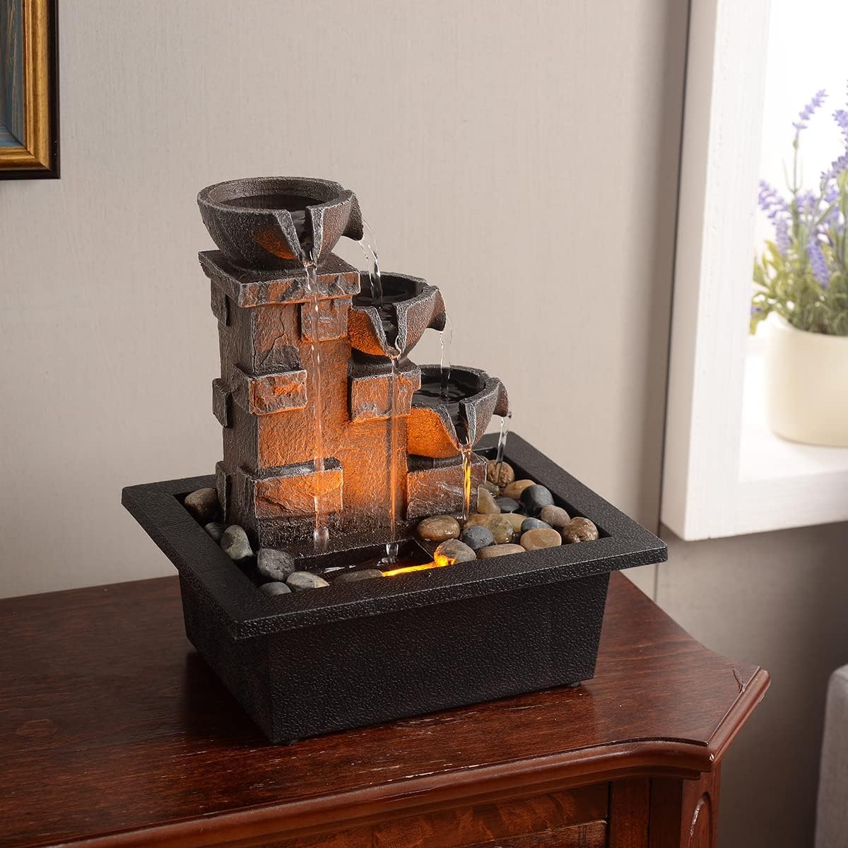 Indoor Fountains & Accessories - GOSSI Home Décor Imitation 3-Tier Stone Wall Tabletop Fountain Many Natural River Rock Office Relaxing Desktop Zen Waterfall Meditation Tabletop Fountain LED Lights Fountain Christmas Decorations