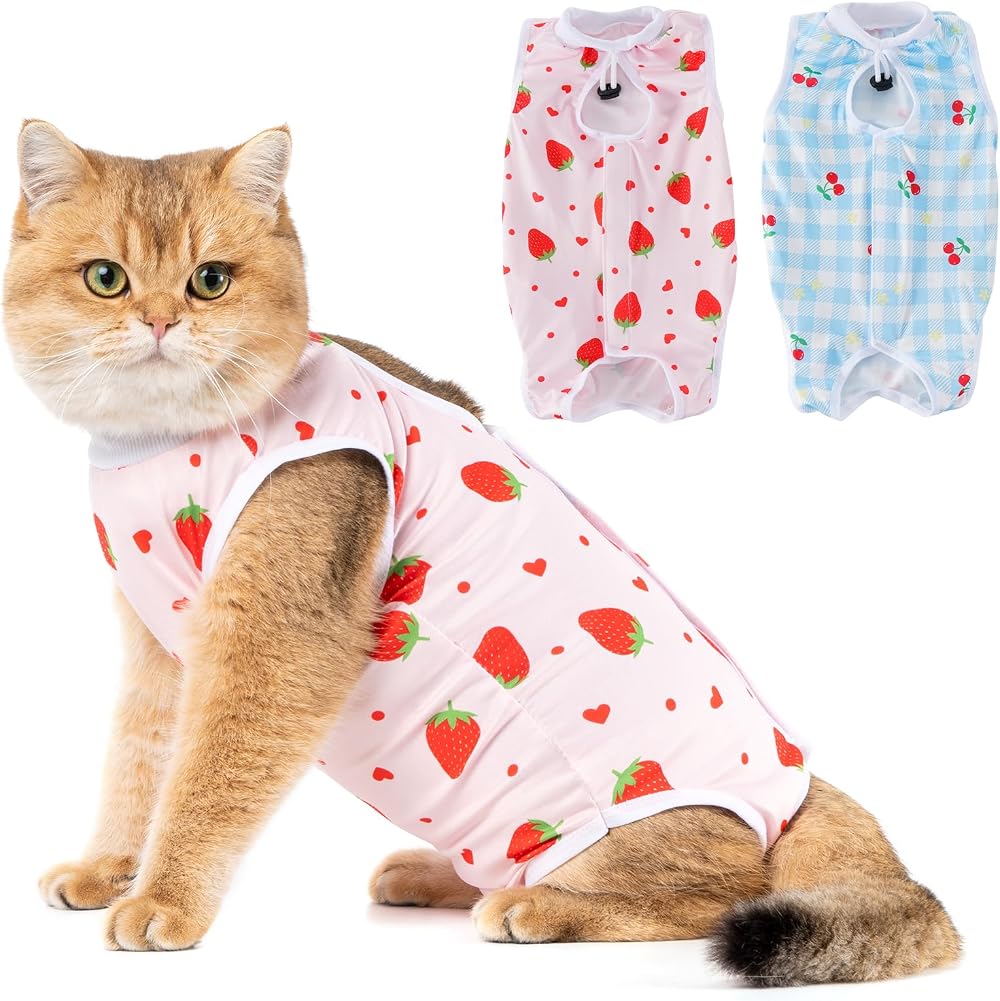 Avont 2 Pack Cat Recovery Suit Kitten Onesie After Surgery Cherry Strawberry M