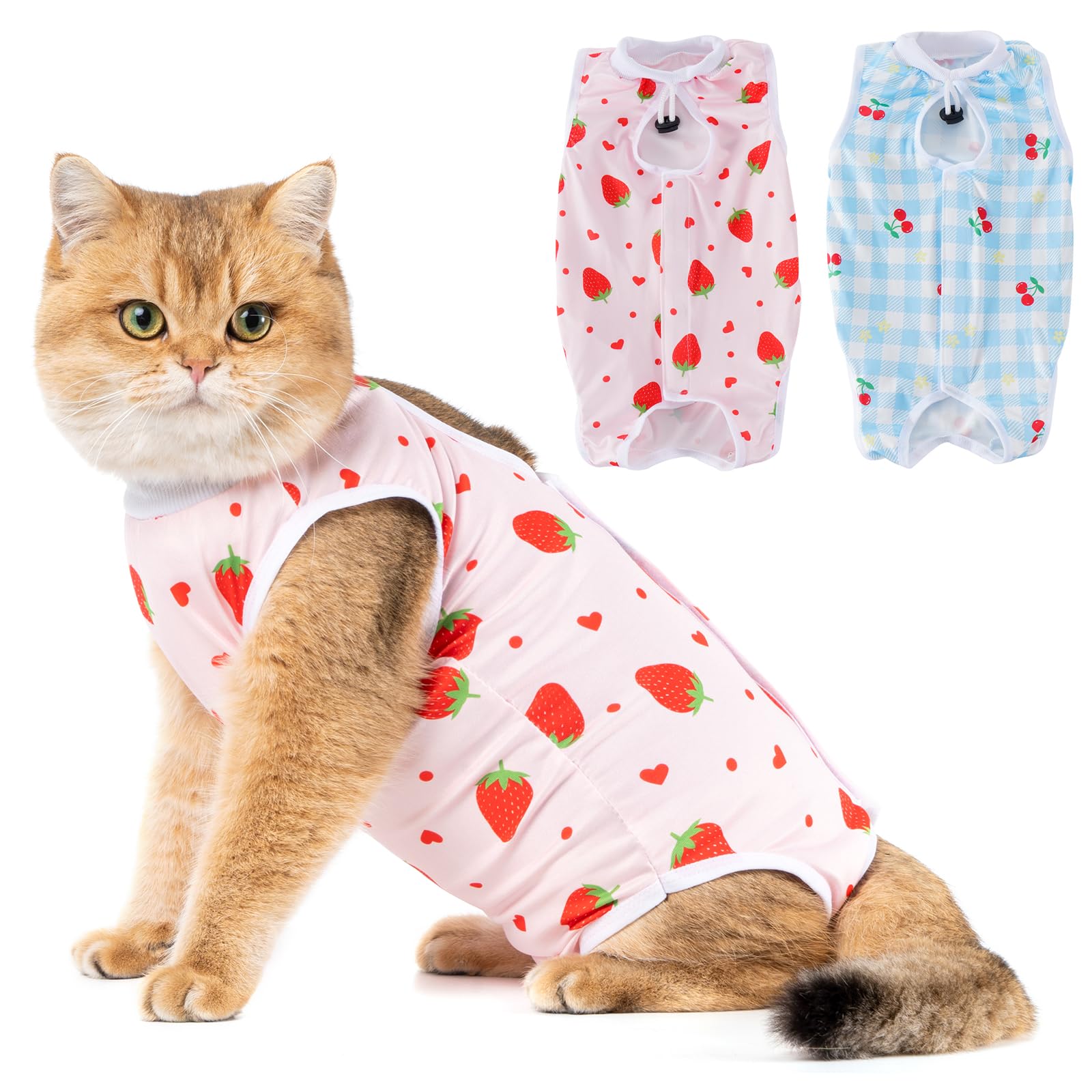 Avont 2 Pack Cat Recovery Suit - Kitten Onesie for Cats After Surgery, Cone of Shame Alternative Surgical Spay Suit for Female Cat, Post-Surgery or Skin Diseases Protection -Cherry/Strawberry (M)
