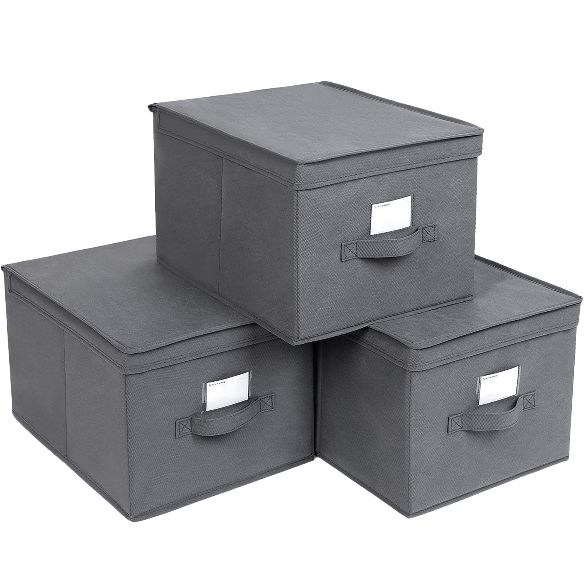 SONGMICS Set of 3 Foldable Storage Boxes with Lids, Fabric Cubes with Label Holders, Storage Bins Organiser, 40 x 30 x 25 cm, Grey RFB03G