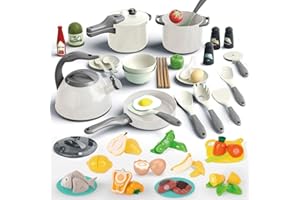 Bruvoalon 67Pcs Kids Play Kitchen Toys Set, Toddlers Pretend Cooking Playset Acccessories with Pots Pans, Utensils Cookware, Foods, Canned Veges, Learning Gift for Kids Girls Boys (White)