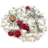 Our Lady of Guadalupe Pearly Rose Rosary Beads Catholic for Women - Catholic Gifts - Rosary Necklace for Women