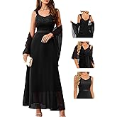 BeryLove Women Sequin Formal Cocktail Evening Long Wedding Mother Dress | 2 Piece Set with Sparkly Lace Dress and Chiffon Shawl, Sleeveless V Neck A Line Maxi Gown for Prom Party Bridesmaid Events