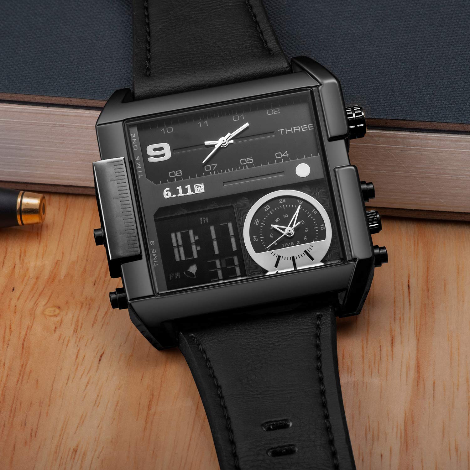 Sailine Multifunction Mens Soprt Watch Triple Movement 3 Time Zone with Genuine Leather Brand 30M Waterproof … (Black)