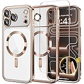 GolbinBox Magnetic Case for iPhone 17 Pro with Screen Protector, [Compatible with MagSafe][Camera Protection][16FT Military Protection] Slim Shockproof Plating Phone Case for 17 Pro,Rose Gold/Clear