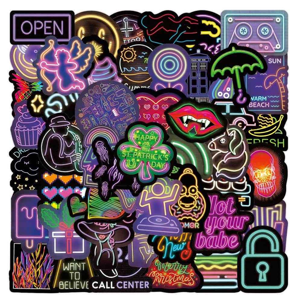 100pcs Neon Stickers, Vinyl Waterproof Neon Sign Light Style Cool Stickers Pack for Water Bottle Laptop Phone Computer Luggage Guitar, Neon Decals for Kids Teens Adults(Neon Stickers) — image 1