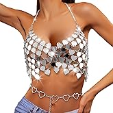 Cutecrop Women Silver Sequin Disco Halter Top and Waist Belt Sexy Disco Bra Rave Top for Concerts Clubs Festivals Halloween Cosplay Party