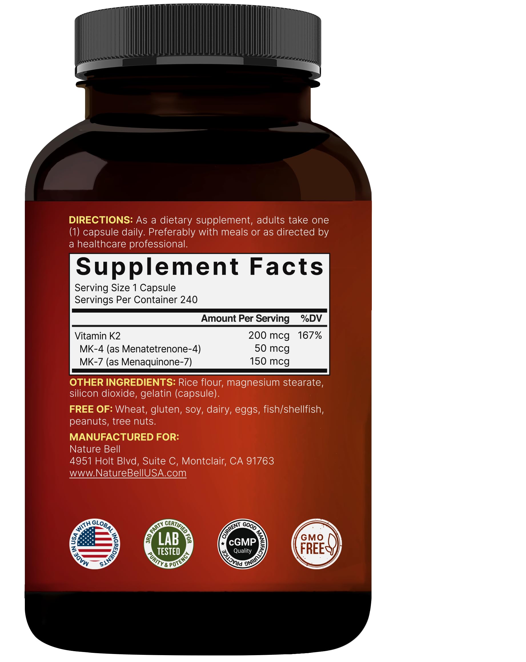 NatureBell Full Spectrum Vitamin K2 Supplement with MK-7 & MK-4, 200 mcg, 240 Capsules | 2 in 1 Formula, K Vitamins Complex – Supports Bone, Joint, and Heart Health – Non-GMO