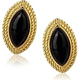Black and Gold Earrings for Women, Stainless Steel Vintage Oval Stud Earrings Statement Jewelry Accessories for Holiday Birthday Anniversary Presents