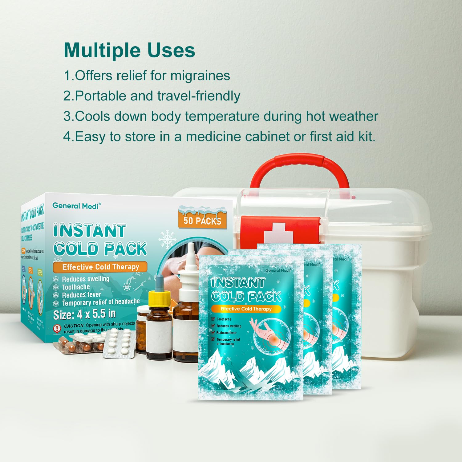 General Medi Einweg Kälte-Sofort-Kompresse (50 Stück), Kühlpack zum sofortigen Kühlen und für Erste-Hilfe-Maßnahmen, Schmerzlinderung, Schwellungen, Entzündungen, Kühlkissen zur äußerlichen Anwendung 7