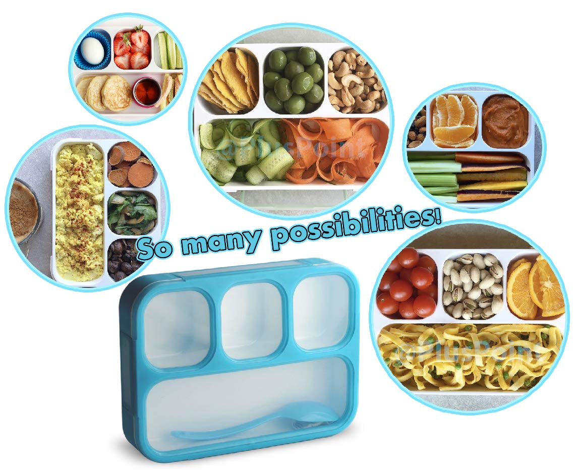 Leakproof Bento Lunch Box With 4 Compartments | Best Food Prep & Meal Planning Container For Kids And Adults | BPA Free & FDA Approved | Microwave, Dishwasher and Freezer Safe By PlusPoint (Blue)