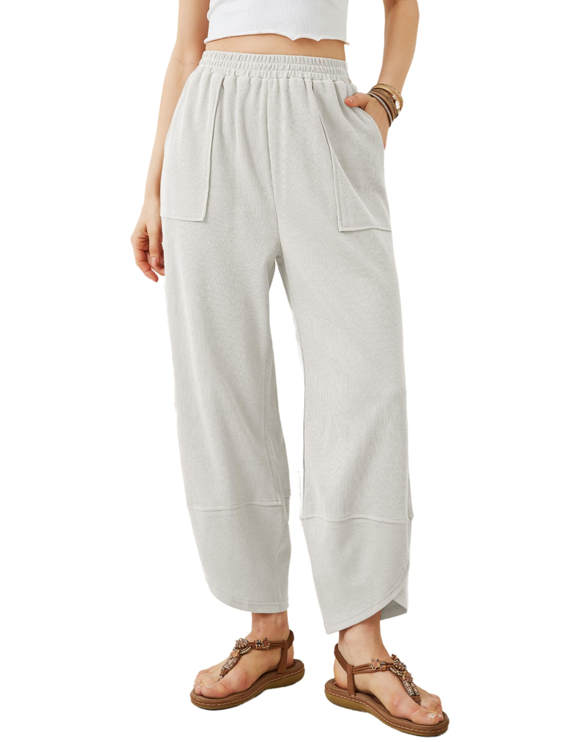 Photo 1 of (LARGE) (USED/FAIR) (BAGGED) Xiaoxuemeng Womens Baggy Wide Leg Pants Casual Elastic Waisted Palazzo Harem Pants with Pockets (White-L)