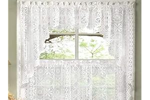 Sweet Home Collection Old World Style Floral Heavy Lace Kitchen Curtain Swag Pair, Hopewell White