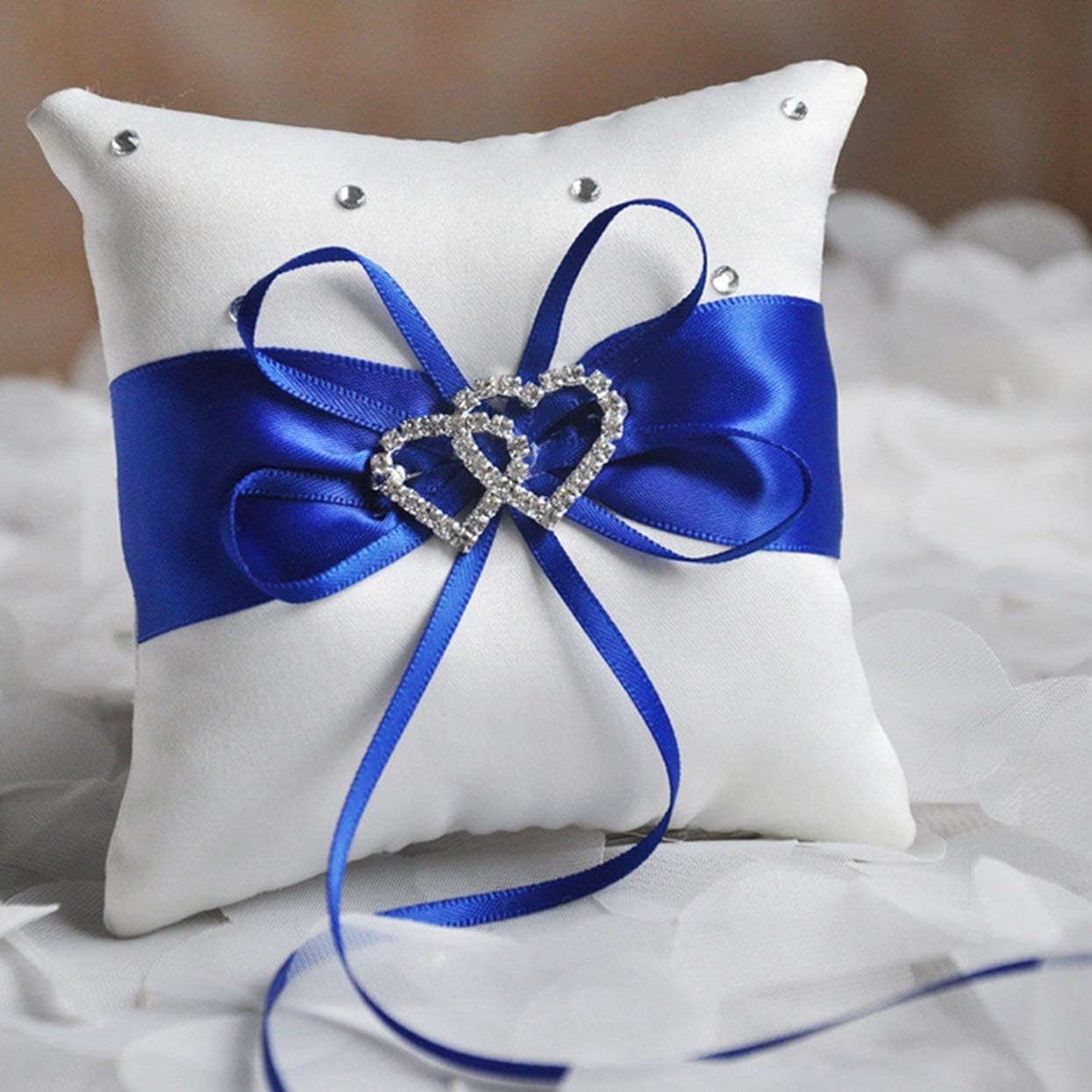 Amazon Com Detectorcatty Wedding Ring Pillow 20 X 20cm Double Heart Rhinestones Decor Satin Bridal Cushion With Ribbons Wedding Decor Supplies Home Kitchen