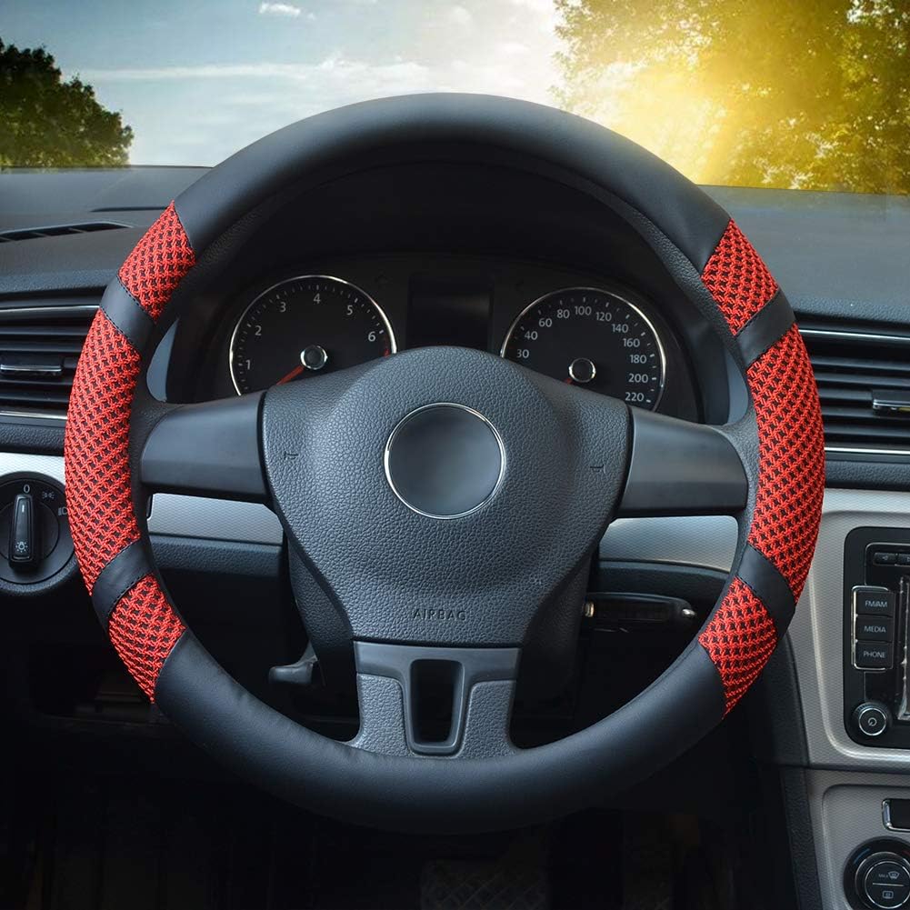 BOKIN Steering Wheel Cover Microfiber Leather Viscose, Breathable, Anti-Slip, Odorless, Warm in Winter Cool in Summer, Universal 15 Inches (Red): Automotive