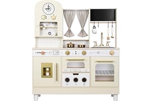 EDUBEBO Kids Kitchen playset, Wooden Play Kitchen, Height Adjustable, Comes with Various Kitchen Accessories, Ideal Role Play Toy Gift for Toddlers and Kids Ages 3-8 (White)