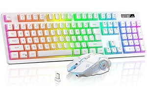 MENGZILI Wireless Gaming Keyboard and Mouse Combo - RGB Backlit, Rechargeable, Ergonomic, for Gaming Work, Long-Lasting Built-in Battery (White)