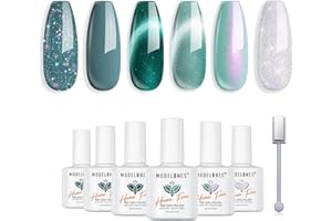 modelones Gel Nail Polish, 6 Colors Hema Free 9D Green Glass Cat Eye Sliver Green Glitter Spring Nail Polish Kit with Magnet Soak Off LED Winter Cateye Nail Art Gel DIY Salon