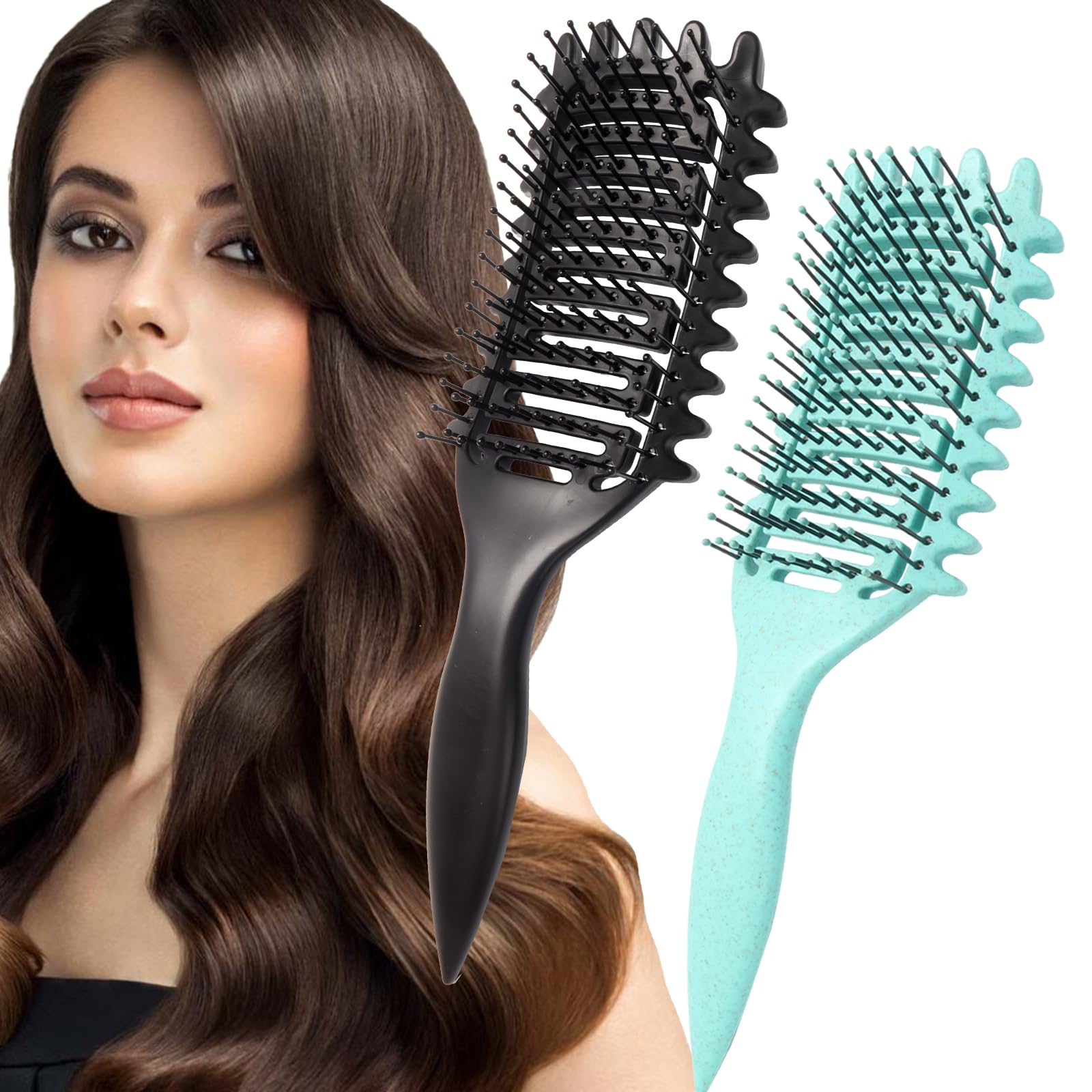 2Pcs Curly Hair Brush,Curl Defining Brush,Detangle Hair Brush define styling brush for Wet Thick Curly Hair,Soft Bristle Vent Detangling Paddle Brush Comb for Women Men Girls (Black+Green)