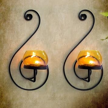 TIED RIBBONS Set of 2 Wall Hanging Tealight Candle Holder Metal Wall Sconce with Glass Cups and Tealight Candles for Christmas Lights for Home Decoration (Set of 2)