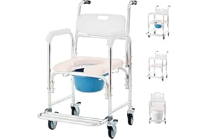 Erfei 3-in-1 Commode Chair for Seniors, Waterproof Shower Chair with Wheels, Raised Toilet Seat with Handles, Beside Commode 