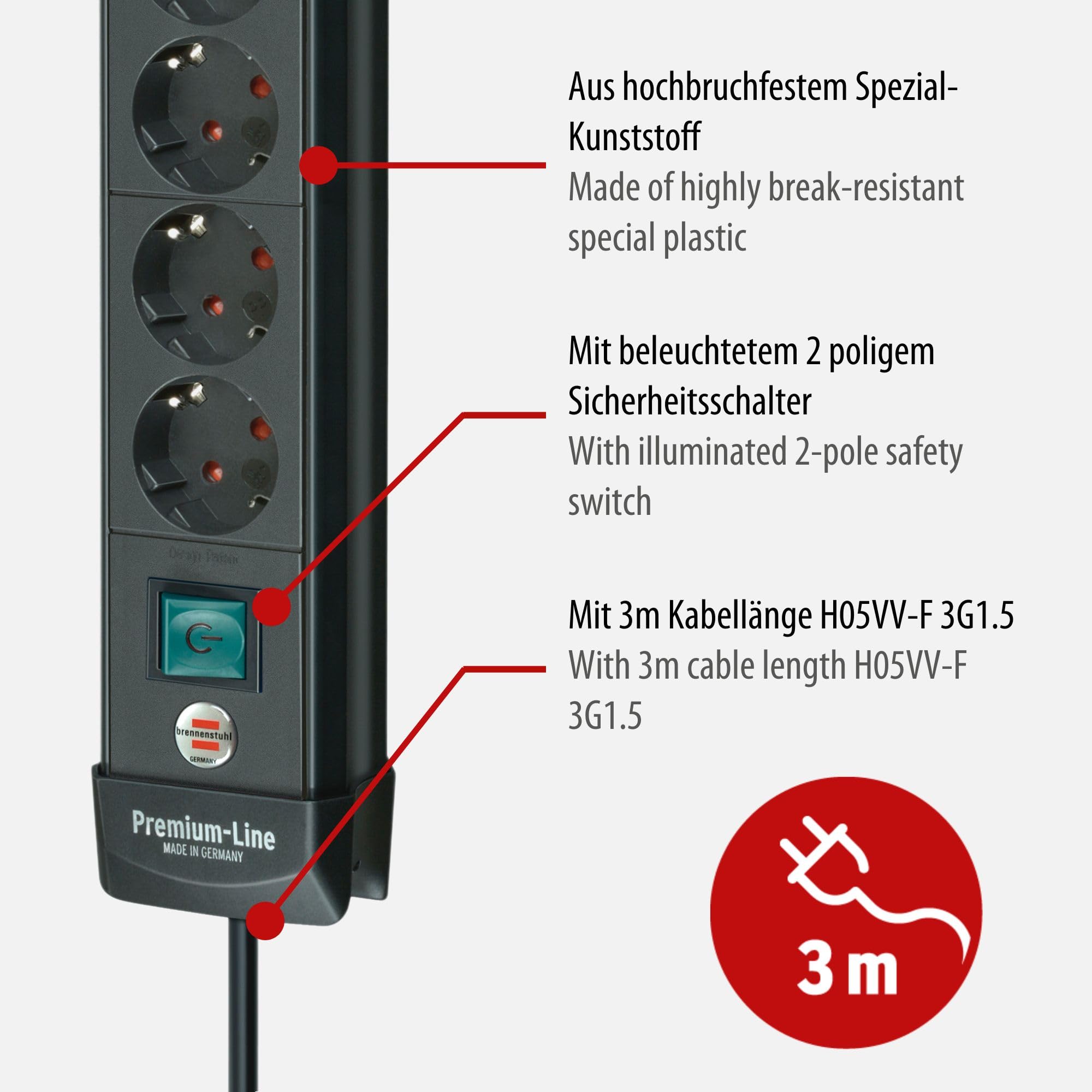Brennenstuhl Premium-Line Steckdosenleiste 8-Fach (Mehrfachsteckdose mit Schalter und 3m Kabel - 45° Winkel der Schutzkontakt-Steckdosen, Steckdosenleiste Wandmontage, Made in Germany) schwarz 3