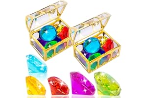 Hercugifts 2 Pack Diving Toys Colorful 6 Big Gems Sets with Treasure Pirate Box Summer Swimming Gem Pool Toys Treasures Gift Sets (Golden)