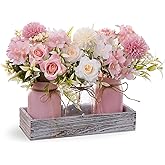LUEUR Mason Jar Lights Centerpiece with Farmhouse Wood Tray – 3 Jars with Pink Rose Spring Flowers, Rustic Spring & Wedding Decoration for Dining Table, Coffee Table, Kitchen & Living Room