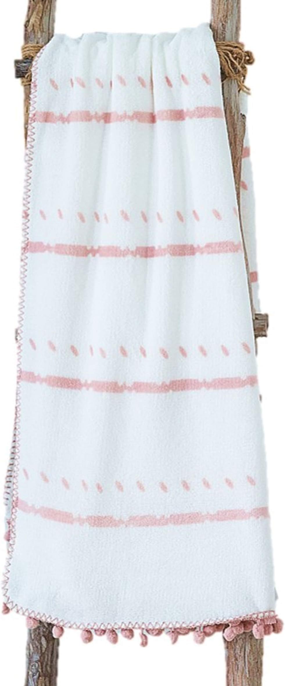 ANVI HOME Plush Boho Farmhouse Flannel Throw Room Decor 50 x 60 inch Pink for Women Girls/Soft Pompom Fringe Warm Velvety/Perfect for Bed, Couch, Travel, All Season Use, Easy Care