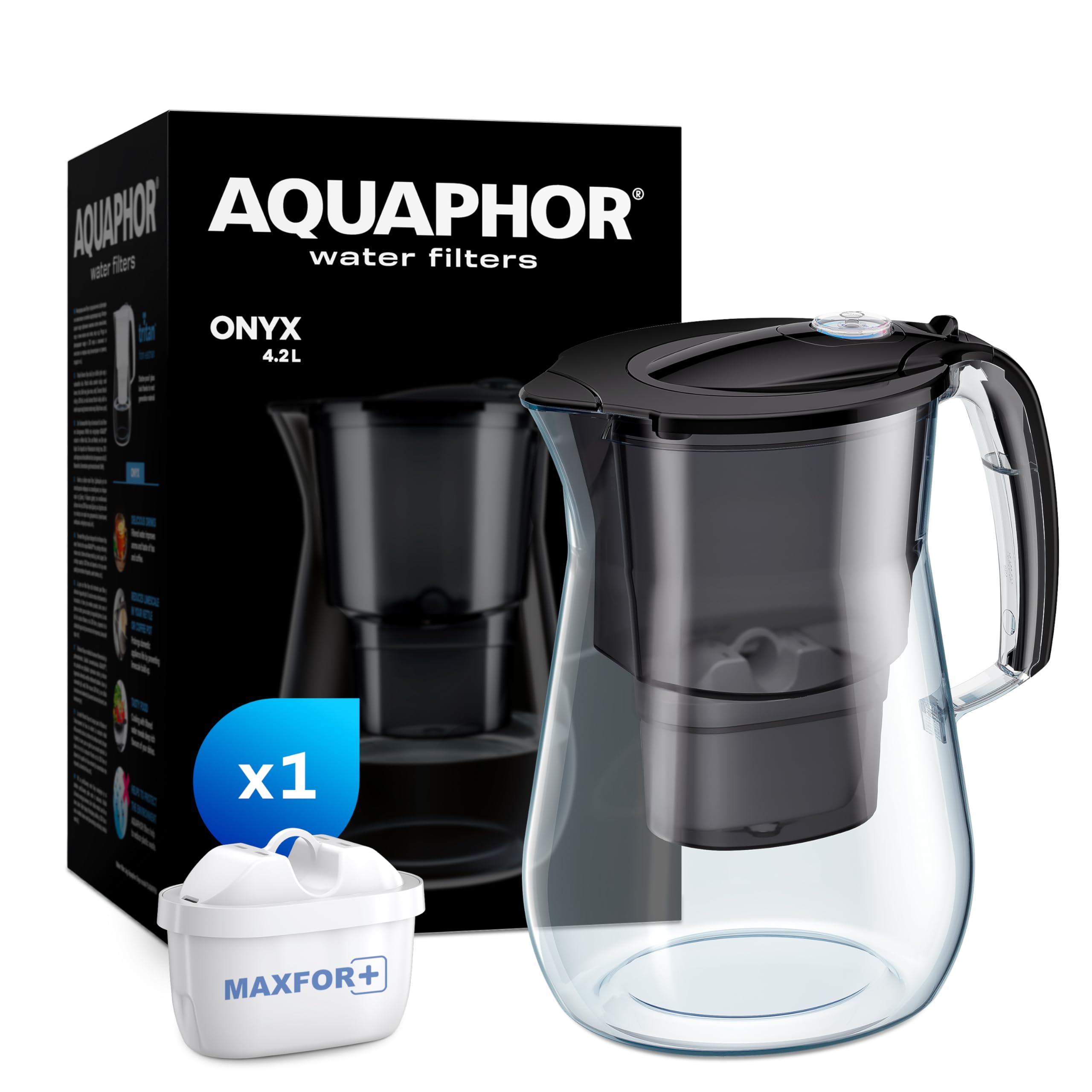 AQUAPHOR Onyx Black Water Filter Jug - Counter Top Design with 4.2L Capacity, 1 X MAXFOR+ Filter Included Reduces Limescale Chlorine & Microplastics Perfect for Families