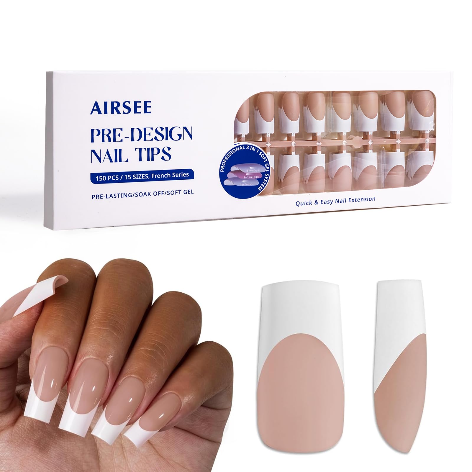 Photo 1 of AIRSEE French Gel Nail Tips,Long Square Nude 150 Pcs French Press On Nails,15 Sizes Pre-Applied Primer & Base Coat,No File Need Fake Nails Nail Art DIY Manicure for Nail Extension Designs and Gift