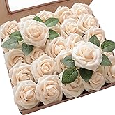 Floroom Artificial Flowers 25pcs Real Looking Cream Foam Fake Roses with Stems for DIY Wedding Bouquets Bridal Shower Centerpieces Floral Arrangements Party Tables Home Decorations