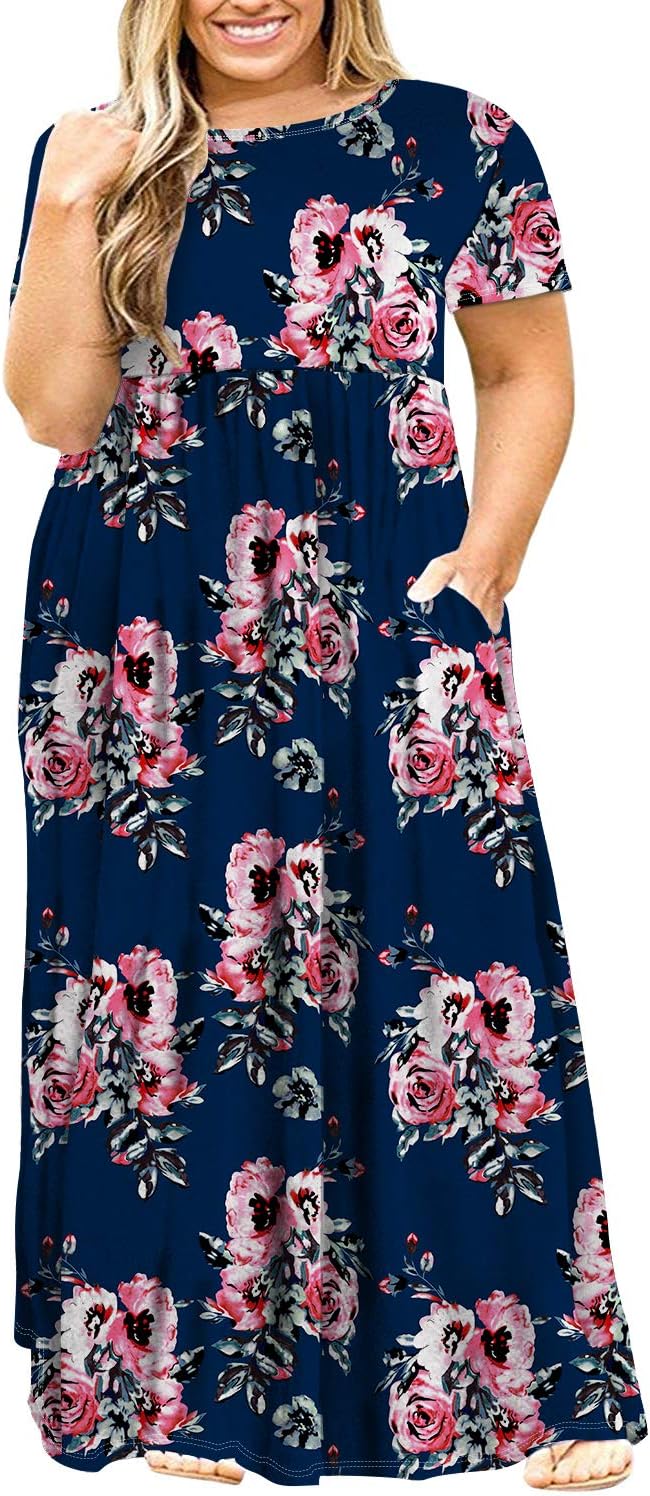 Women's Plus Size Tunic Swing T-Shirt Dress Short Sleeve Maxi Dress with Pockets