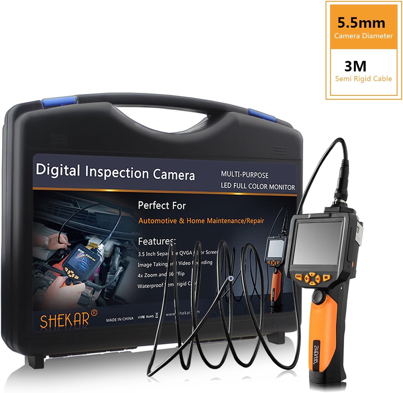 [Slim 5.5mm Dia./3M Tube] Shekar 3.5 Inch Color LCD Monitor Endoscope Borescope Waterproof Inspection Snake Camera