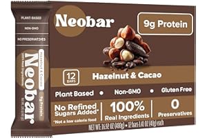 NEOBAR Fruit and Nut Bars - Plant-Based Vegan Snack Bars, Gluten Free Dairy Free Snacks, No Preservatives, No Refined Sugars Added, Non-GMO | Hazelnut & Cacao, 9g Protein,12 Count