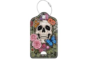 Luggage Tags,Gothic Dark Art Floral Skull Butterfly Design, Double-Sided Privacy Cover ID Labels with Stainless Steel Loop an