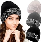 Cutecrop 3 Pcs Sparkly Rhinestone Winter Beanie Hats for Woman Cuff Beanie Cap for Ladies Crystal Knitted Skull Cap Bling