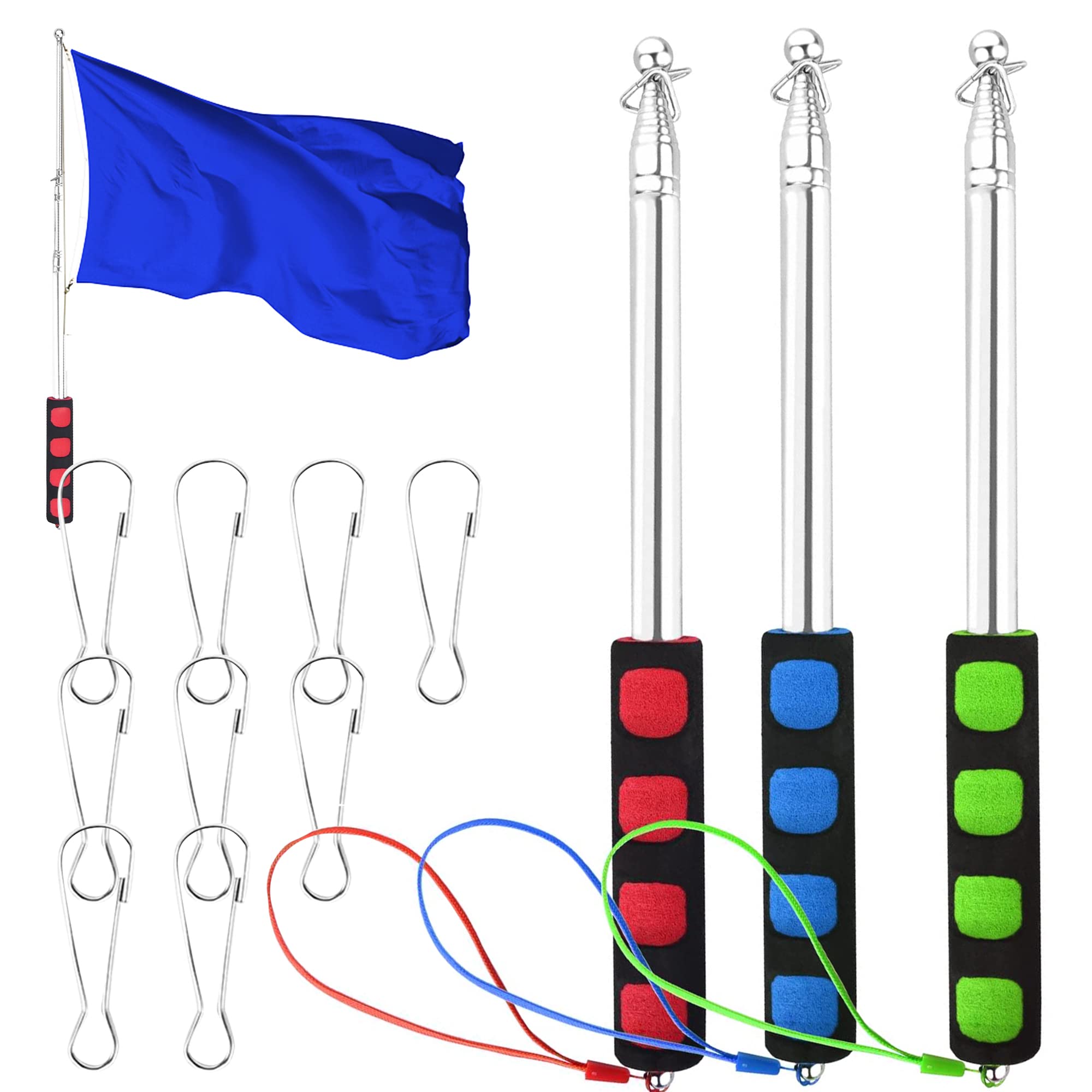 Dantolo Pack of 3 Telescopic Flag Pole, Portable Pole, 2 m Handheld Flag Pole, Flag Pole, Accessories, Stainless Steel Set with 9 Clips Hooks, for Travel, Camping, Excursions, Competitions