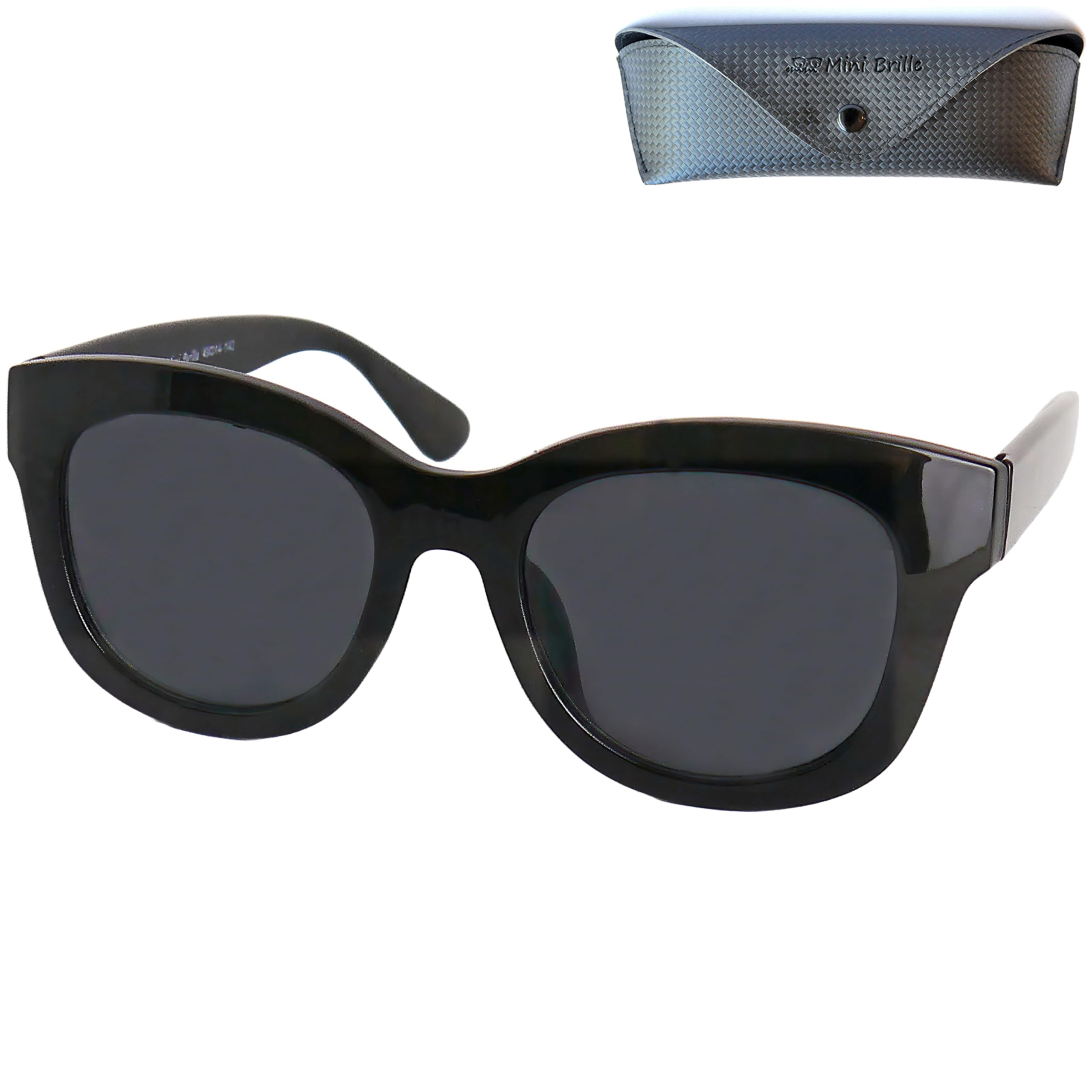 Mini Brille - Sun Reading Glasses with Retro Large Lenses, FREE Case, Oversize Square Thick Plastic Frame (Black), Sunglasses Women + 1.00 Magnification
