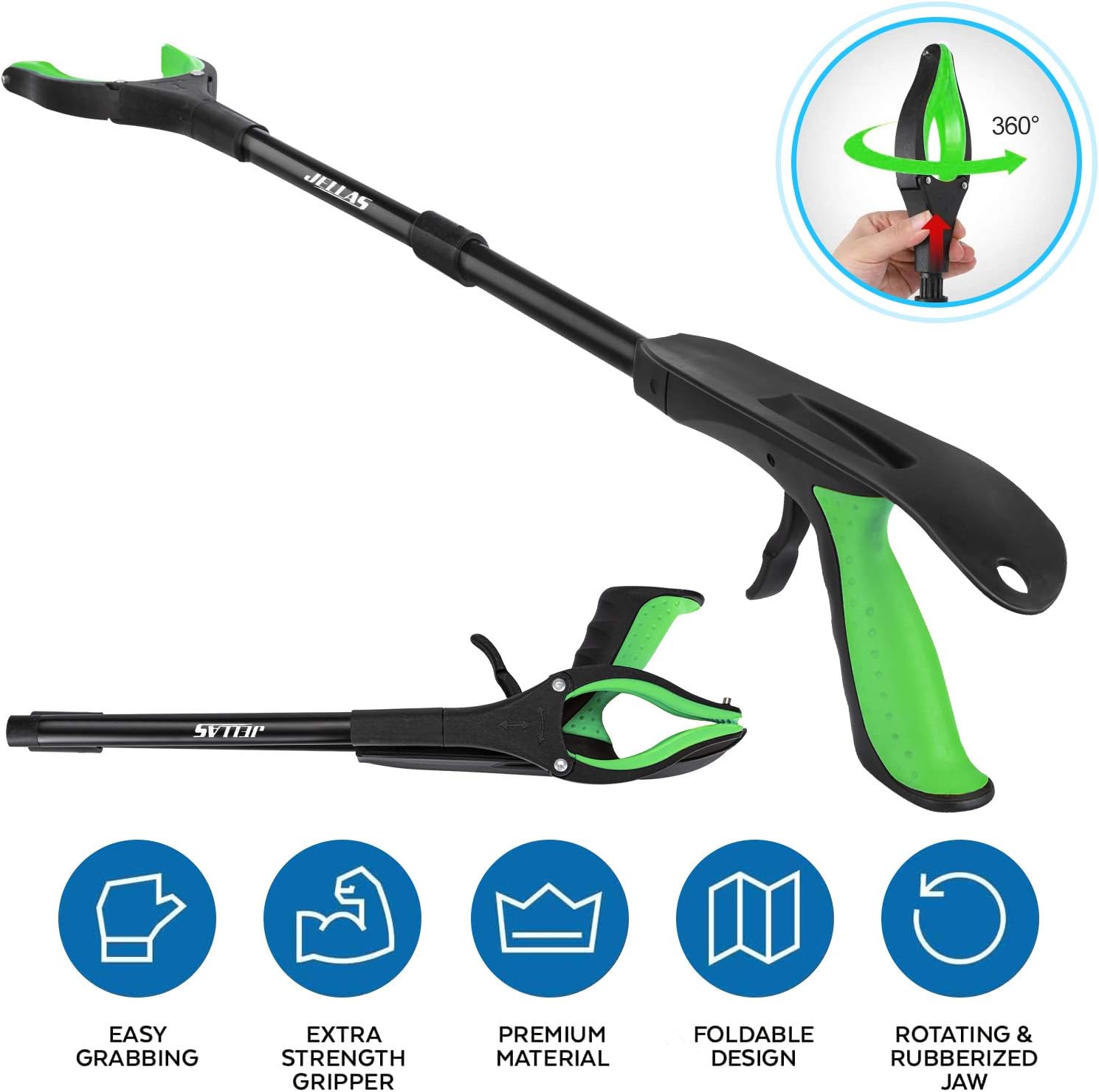 Jellas Reacher Grabber Tool, 90° Rotating Head, 32" Foldable Claw Grabber with Shoehorn, Reaching Assist Tool for Trash Pick Up, Litter Picker, Arm Extension (Green): Health & Personal Care