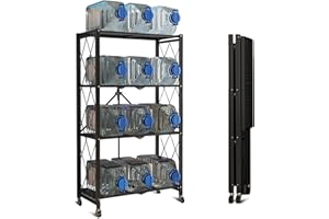 BRIGHTSHOW Storage Shelves, Closet Organizers and Storage 4-Shelf Foldable Metal Shelving Units 28" W x 14" D x 50" H for Garage Kitchen Bakers, Collapsible Organizer Rack, Heavy Duty on Wheels (4 -Shelf)