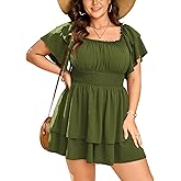 SCOMCHIC Women Plus Size Romper Dress Summer Off The Shoulder Square Neck Short Sleeve High Waist Ruffle Boho Short Jumpsuit