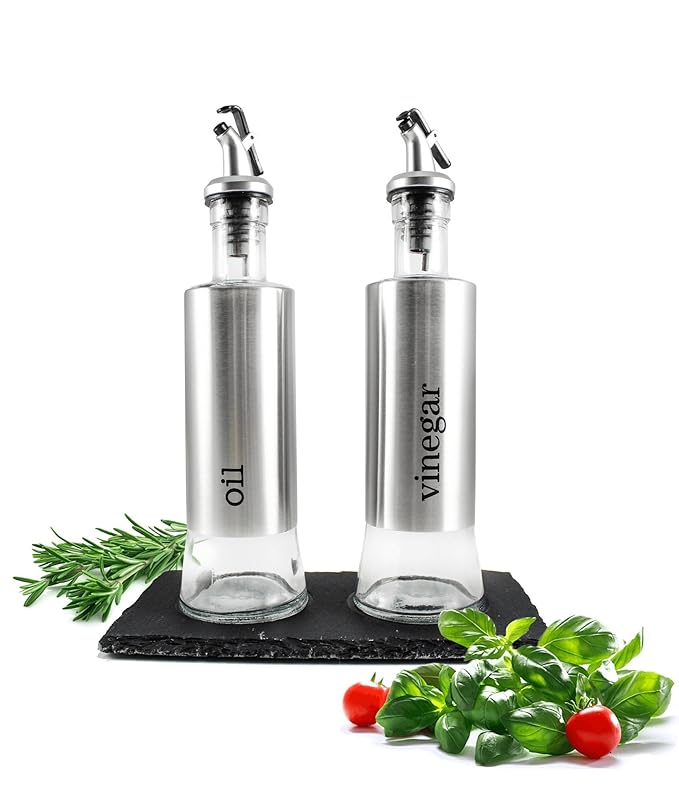 Oil and vinegar dispenser set on slate plate, cruet bottles set Amazon