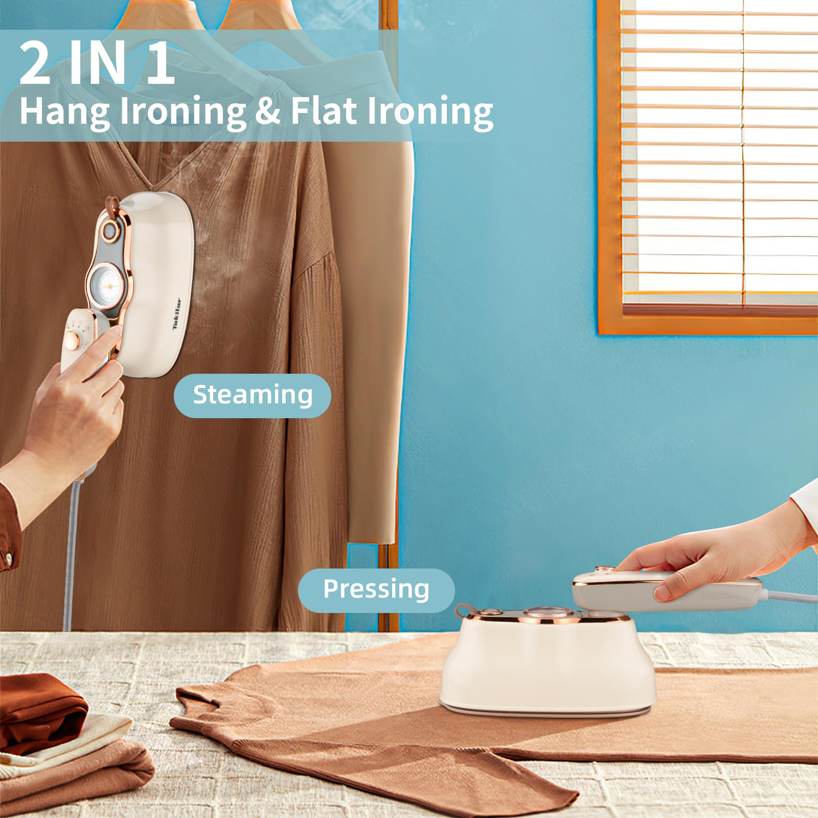 Travel Steam Iron, Takilar Handheld Steamer for Clothes Portable Mini, 180° Rotatable Travel Garment Steamer, 1250W Power Dry and Wet Ironing for Home Office Clothing Store Dry Cleaners Tailor Shop