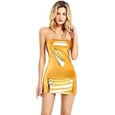 Huppllle Bingirl Gothic Hot Sleeveless Dress Metallic Wetlook Clubwear Stripper