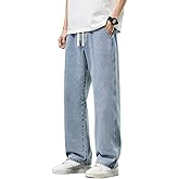 DFGIGT Men's Regular Fit Straight Leg Baggy Jeans Drawstring Elastic Waist Loose Fit Y2K Denim Pants with Pockets